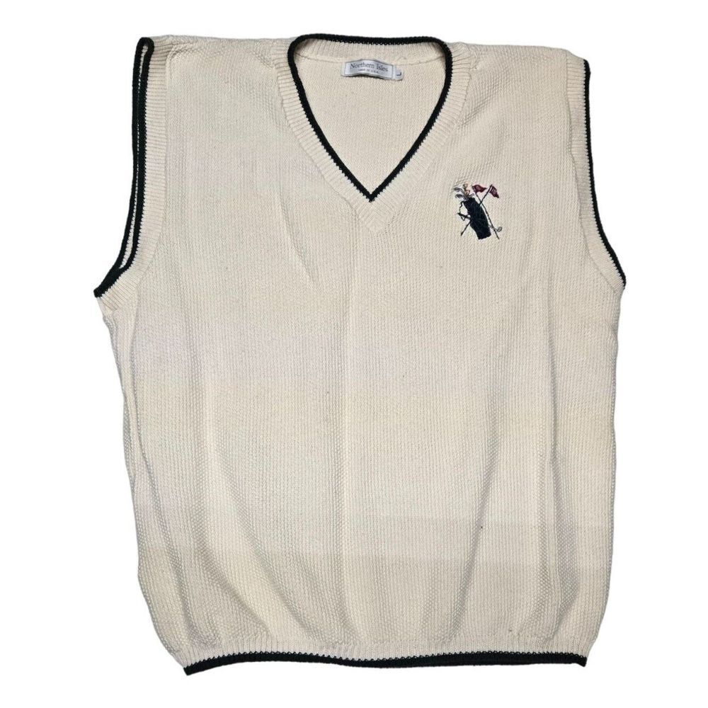 Classic Golf V-Neck Sweater Vest with Embroidered Golf Bag Design Cream‎ w/Black